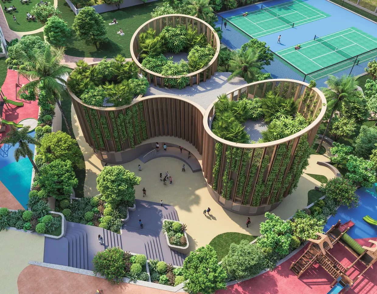 Ashiana Aaroham learning hub, two round green-walled pavilions seen from above, artist's impression