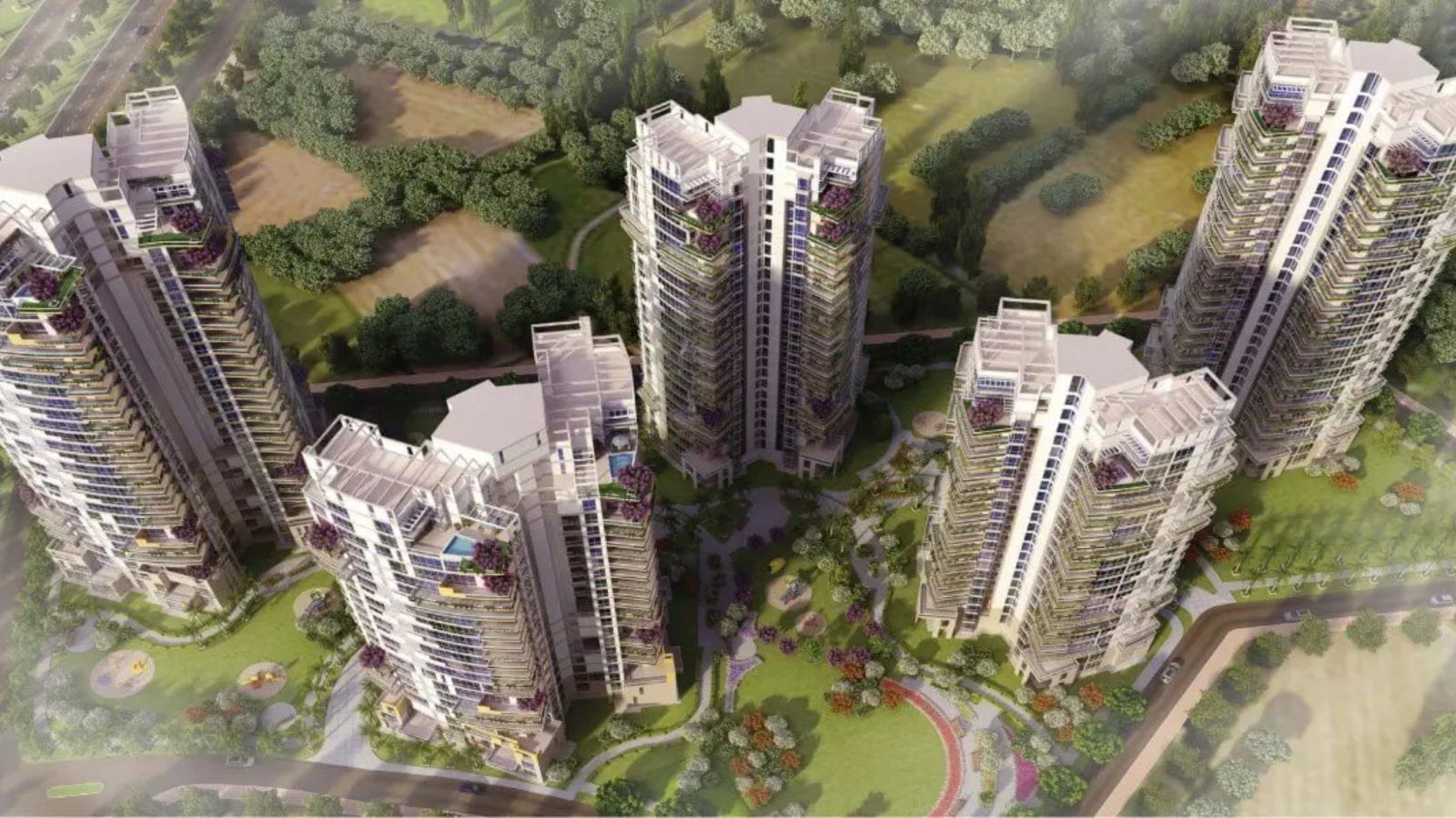 Pioneer Urban Presidia towers around the landscaped centre, aerial view