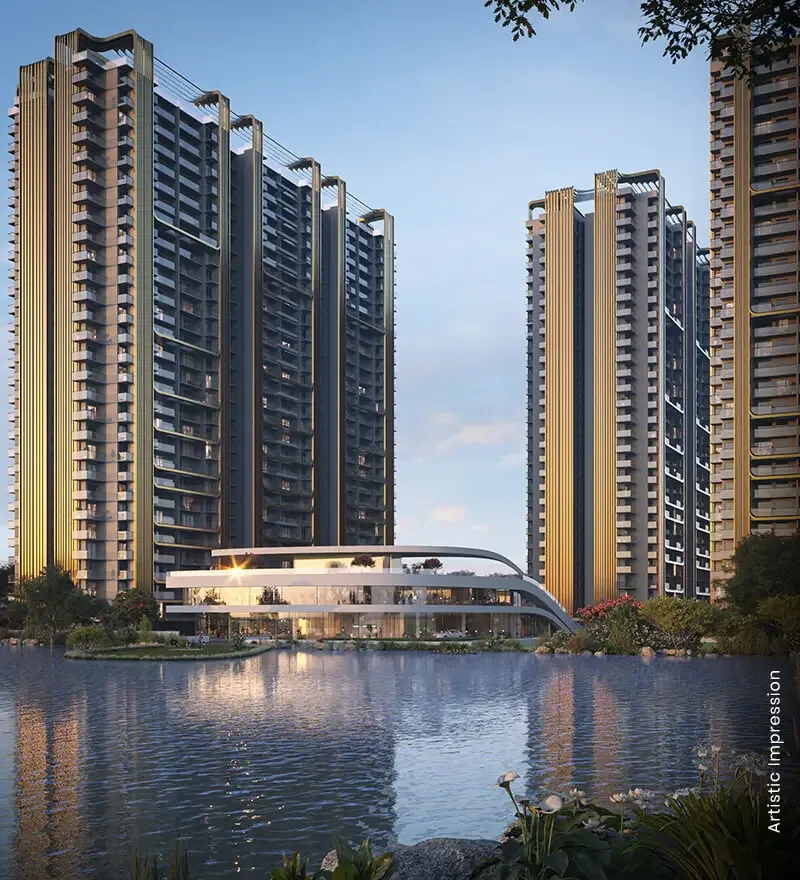 M3M Crown towers reflected in the lake at dusk, artist's impression