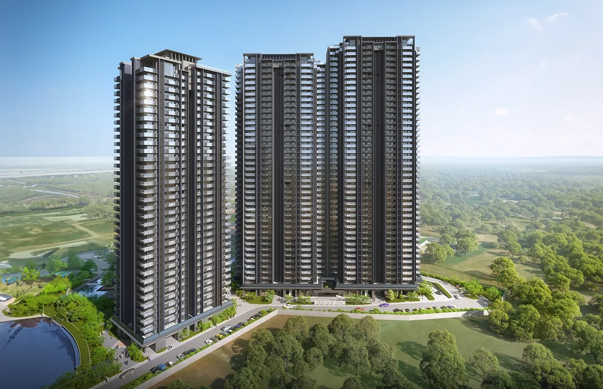 Krisumi Waterside Residences three towers beside the green belt, aerial view, artist's impression
