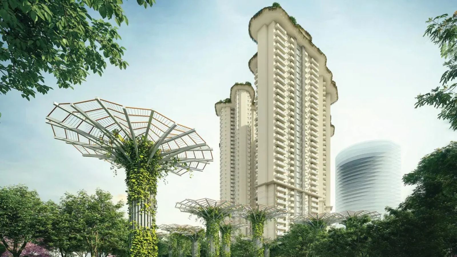 Tulip Monsella towers behind the canopy sculptures at the entrance