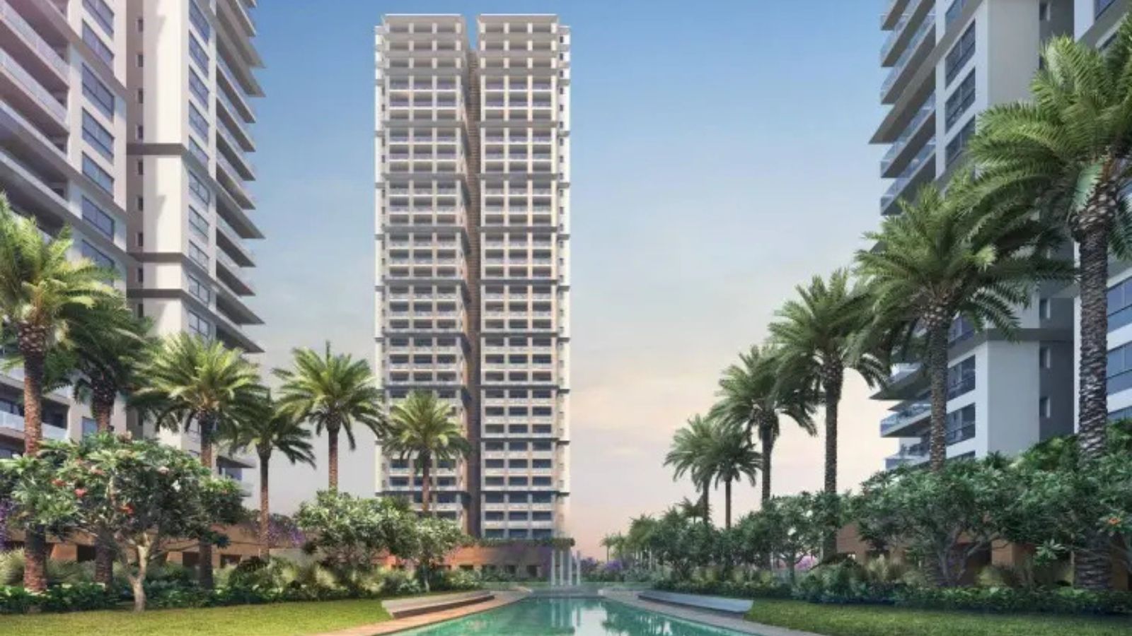 Conscient Hines Elevate tower and palm-lined water court