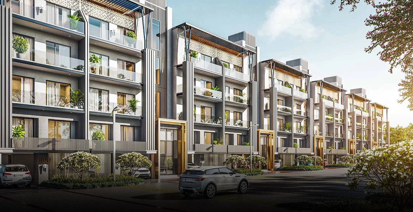 Smart World Orchard four-storey floors along a tree-lined lane