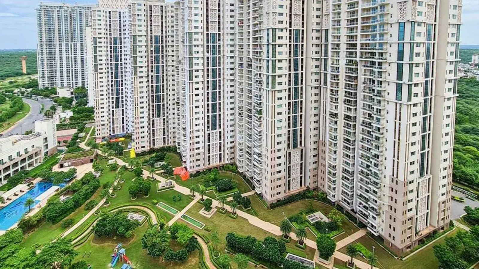 DLF Park Place towers, pool and landscaped garden