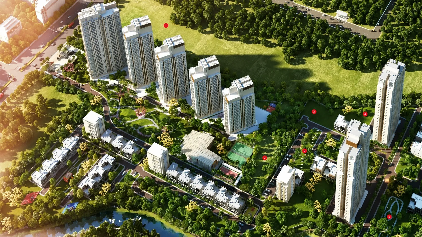 Tata Primanti aerial view of the towers, villas and central greens