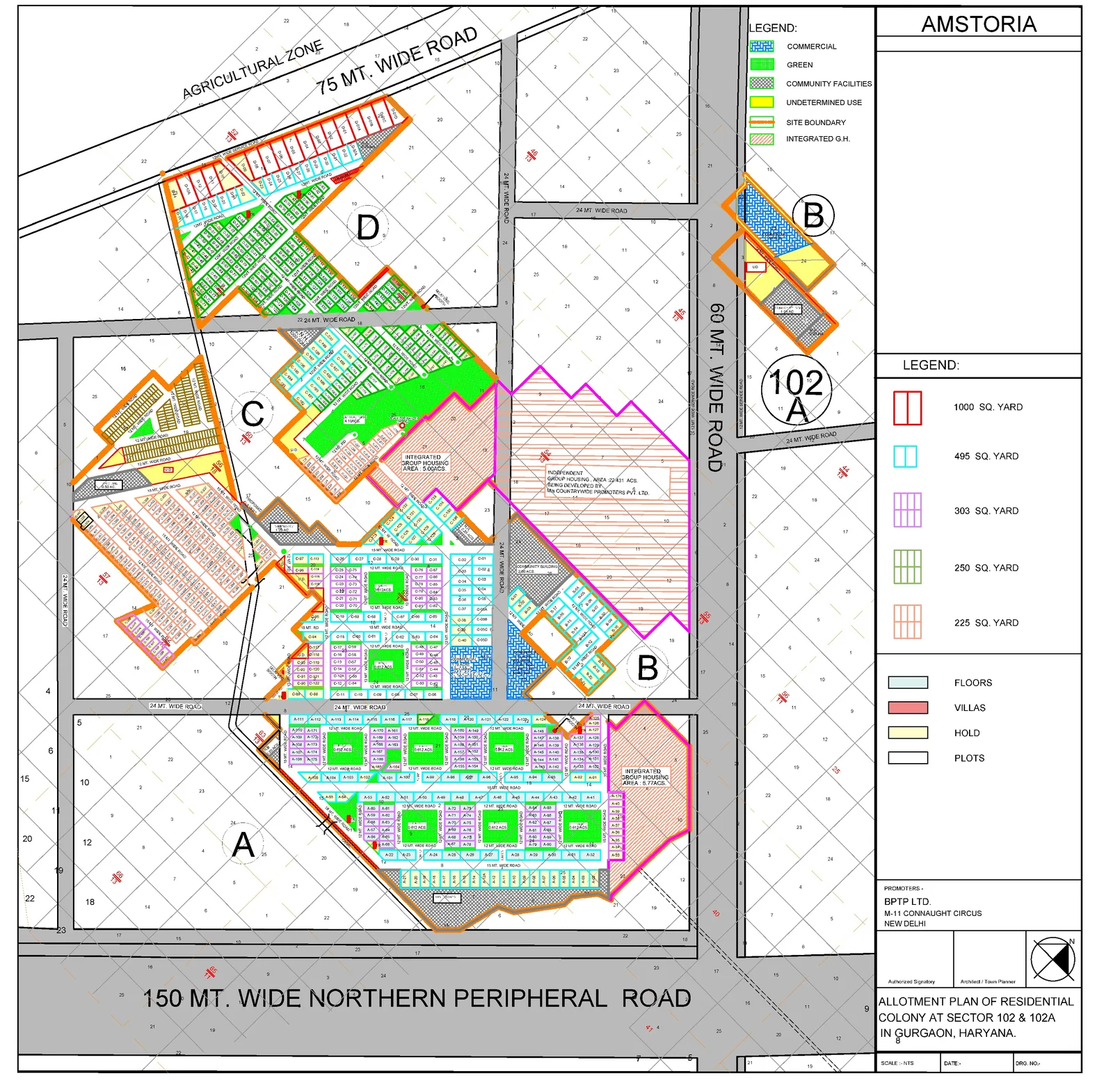 BPTP Amstoria allotment plan, Sectors 102 and 102A, with 150 m Northern Peripheral Road and 60 m road