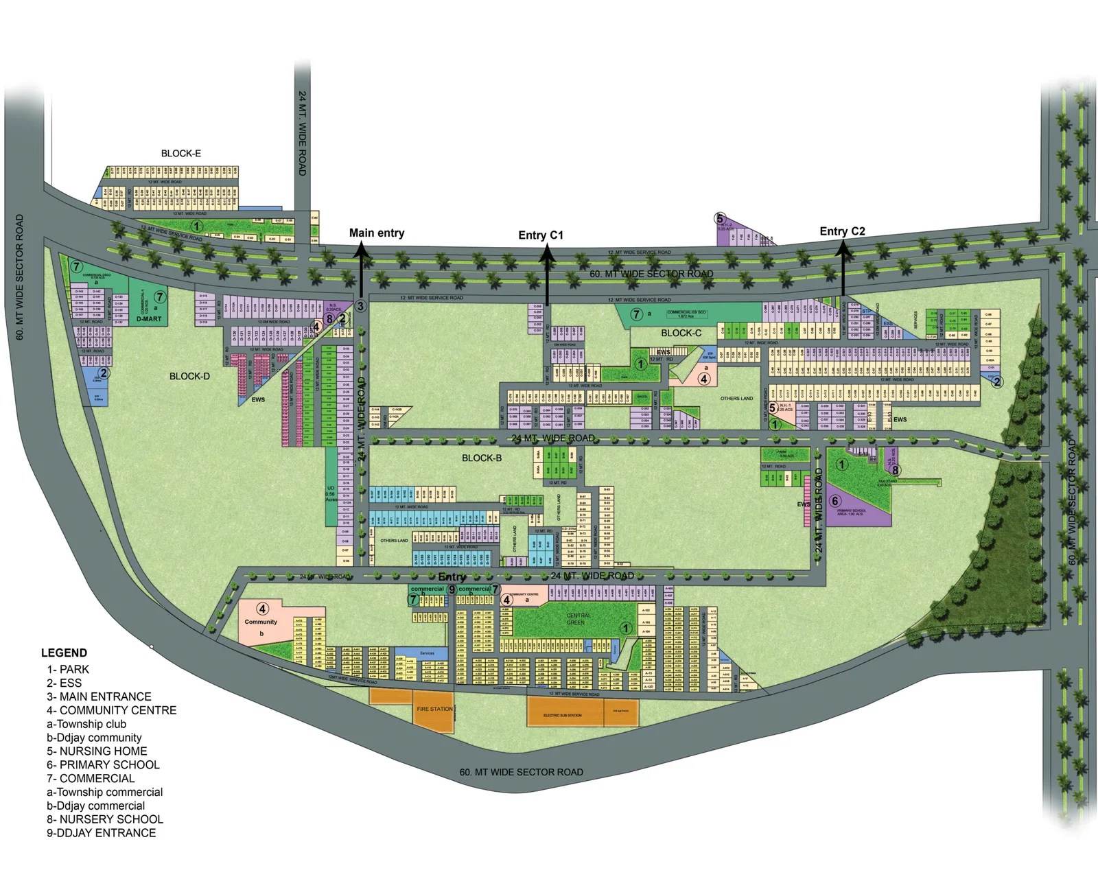 BPTP Astaire Gardens township layout plan showing Blocks A to E, parks, club and 60 m sector roads