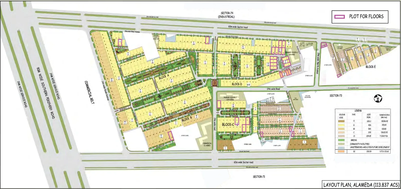 DLF Alameda layout plan of the 113.837-acre plotted township between SPR and Sectors 71 and 74