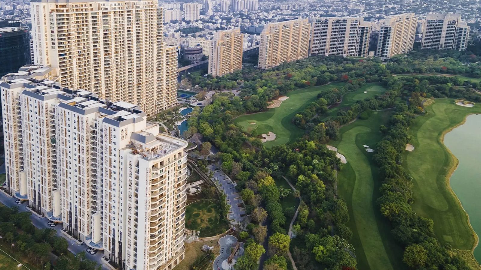 DLF The Camellias towers beside the DLF golf course, aerial view
