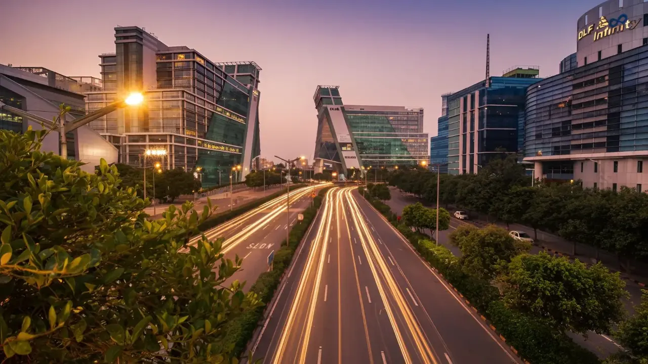 Gurgaon city road with modern office buildings