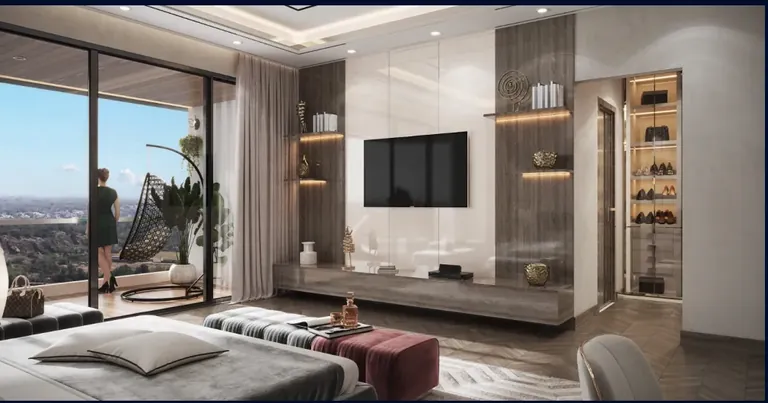 4S The Aurrum bedroom with a glass wall to the balcony, artist's impression