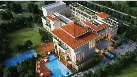 Adani Brahma Samsara Vilasa floors and pool, aerial view, artist's impression