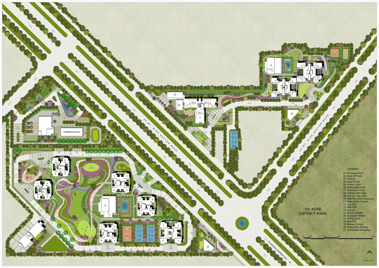 Adani M2K Oyster Grande master plan: towers A to J, clubhouse, courts, 60 m and 24 m sector roads