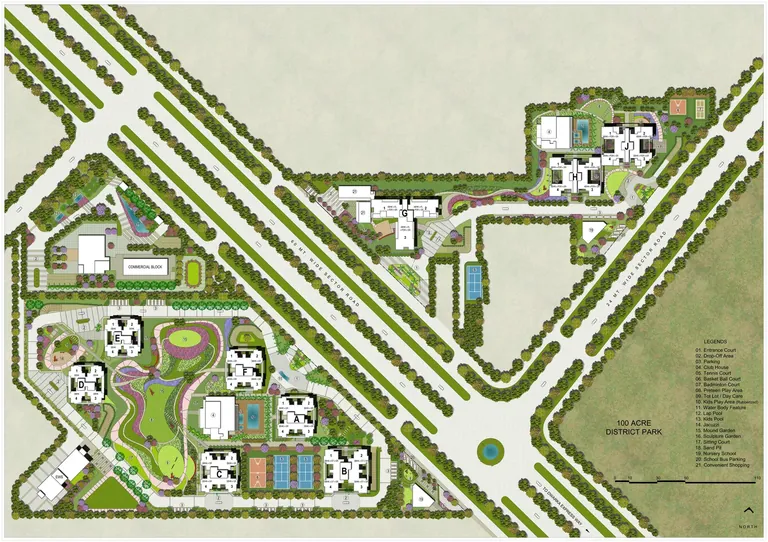 Adani M2K Oyster Grande master plan: towers A to J, clubhouse, courts, 60 m and 24 m sector roads