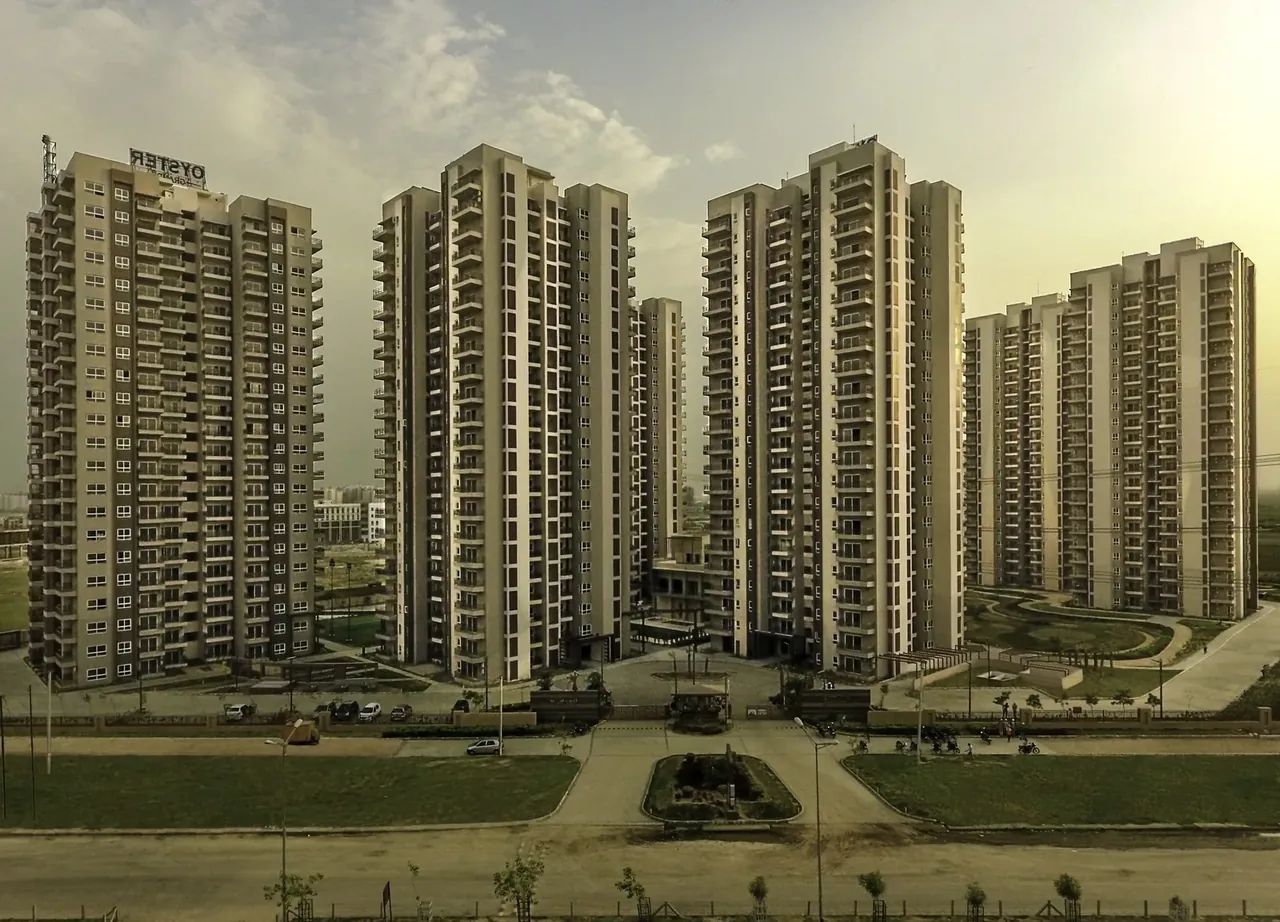 Adani M2K Oyster Grande completed towers, aerial photo from the developer