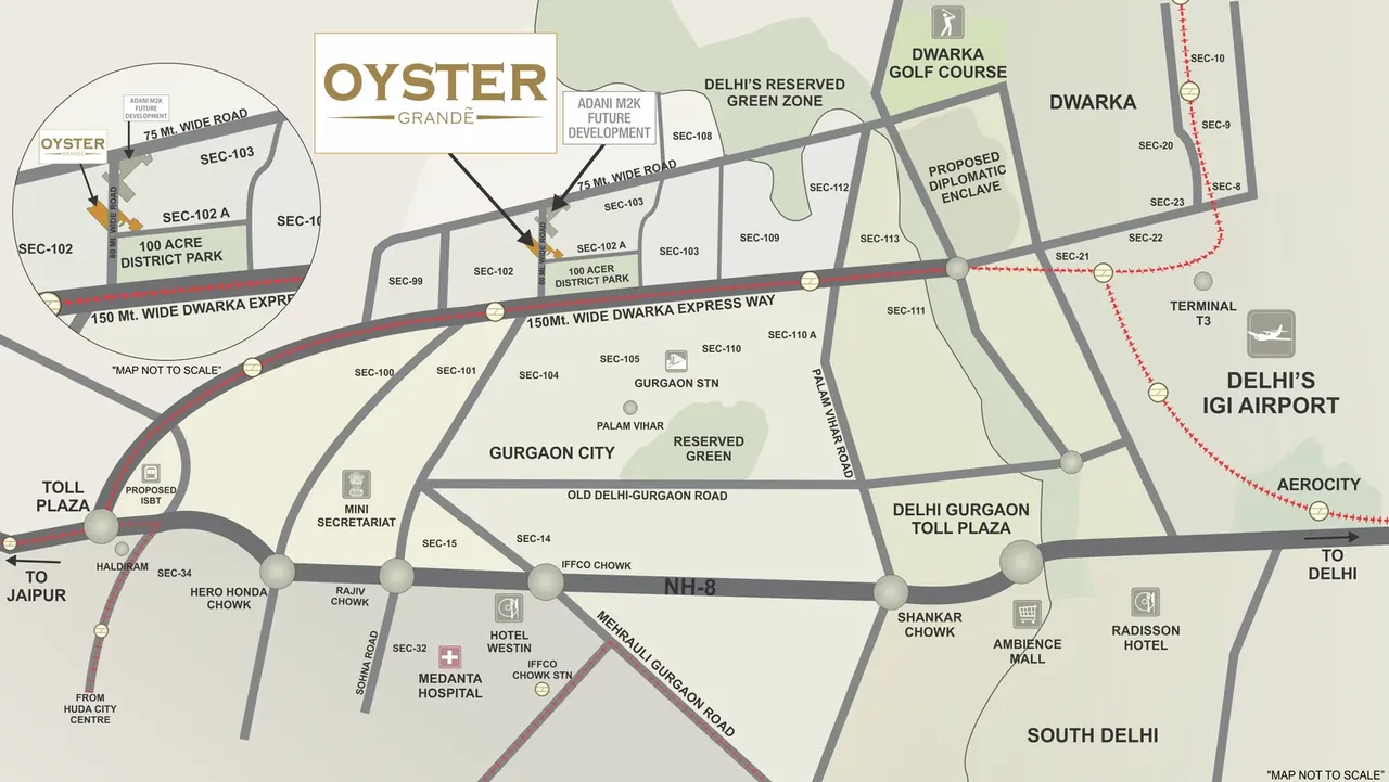 Adani M2K Oyster Grande location map, Sector 102/102A next to the 100-acre district park off Dwarka Expressway