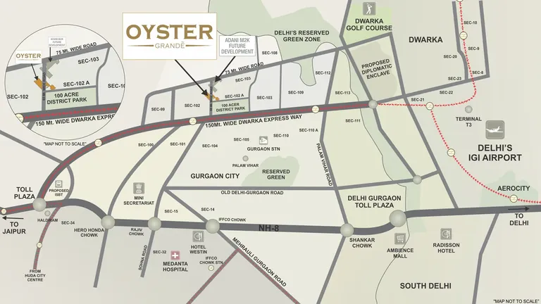 Adani M2K Oyster Grande location map, Sector 102/102A next to the 100-acre district park off Dwarka Expressway