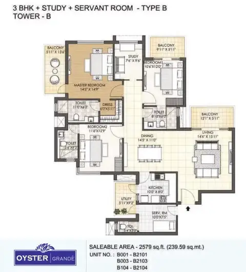 Adani M2K Oyster Grande 3 BHK + study + servant floor plan, 2,579 sq ft super area