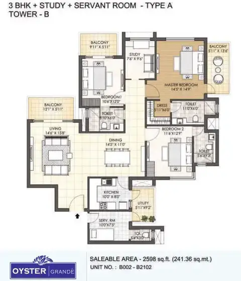 Adani M2K Oyster Grande 3 BHK + study + servant floor plan, 2,598 sq ft super area