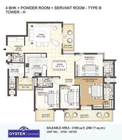 Adani M2K Oyster Grande 4 BHK floor plan, 3,188 sq ft super area