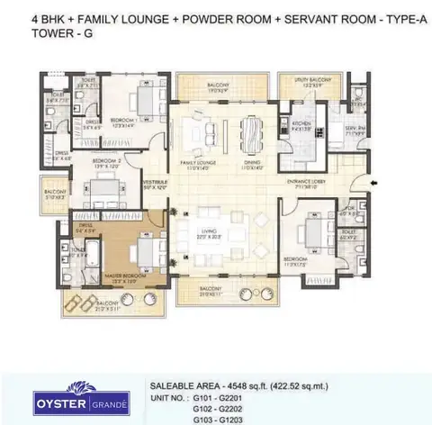 Adani M2K Oyster Grande 4 BHK + family lounge floor plan, 4,548 sq ft super area