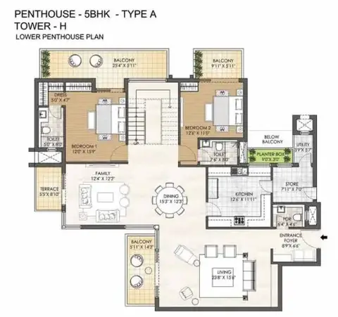 Adani M2K Oyster Grande 5 BHK penthouse (set 1) lower floor plan, 5,825 sq ft super area