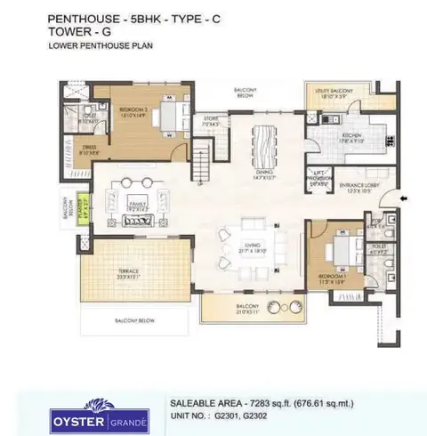 Adani M2K Oyster Grande 5 BHK penthouse (set 3) lower floor plan, 7,283 sq ft super area