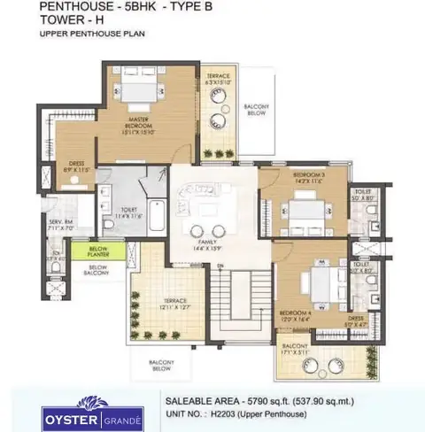 Adani M2K Oyster Grande 5 BHK penthouse (set 2) upper floor plan, part of the 5,790 sq ft home