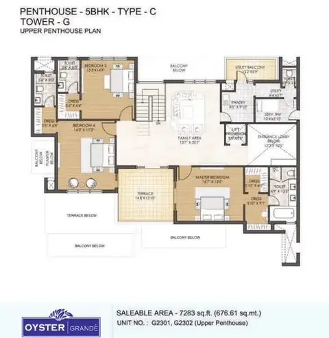 Adani M2K Oyster Grande 5 BHK penthouse (set 3) upper floor plan, part of the 7,283 sq ft home