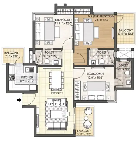 Adani M2K Oyster Grande 3 BHK floor plan, 1,689 sq ft saleable area (Towers D and E)