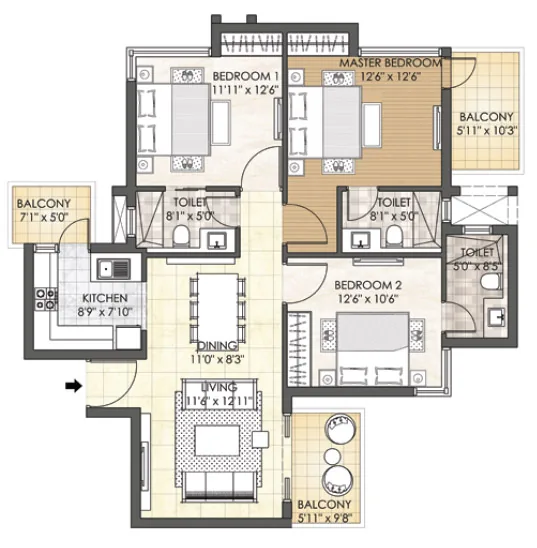 Adani M2K Oyster Grande 3 BHK floor plan, 1,689 sq ft saleable area (Towers D and E)