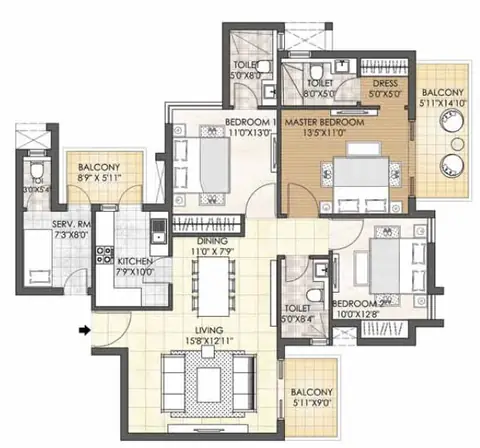 Adani M2K Oyster Grande 3 BHK + servant room floor plan, 1,889 sq ft saleable area (Towers A, C, F)