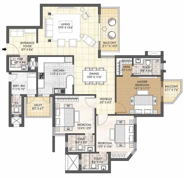 Adani M2K Oyster Grande 3 BHK + powder and servant room floor plan, 2,550 sq ft saleable area (Tower J)