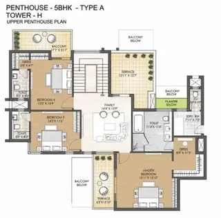 Adani M2K Oyster Grande 5 BHK penthouse (set 1) upper floor plan, part of the 5,825 sq ft home