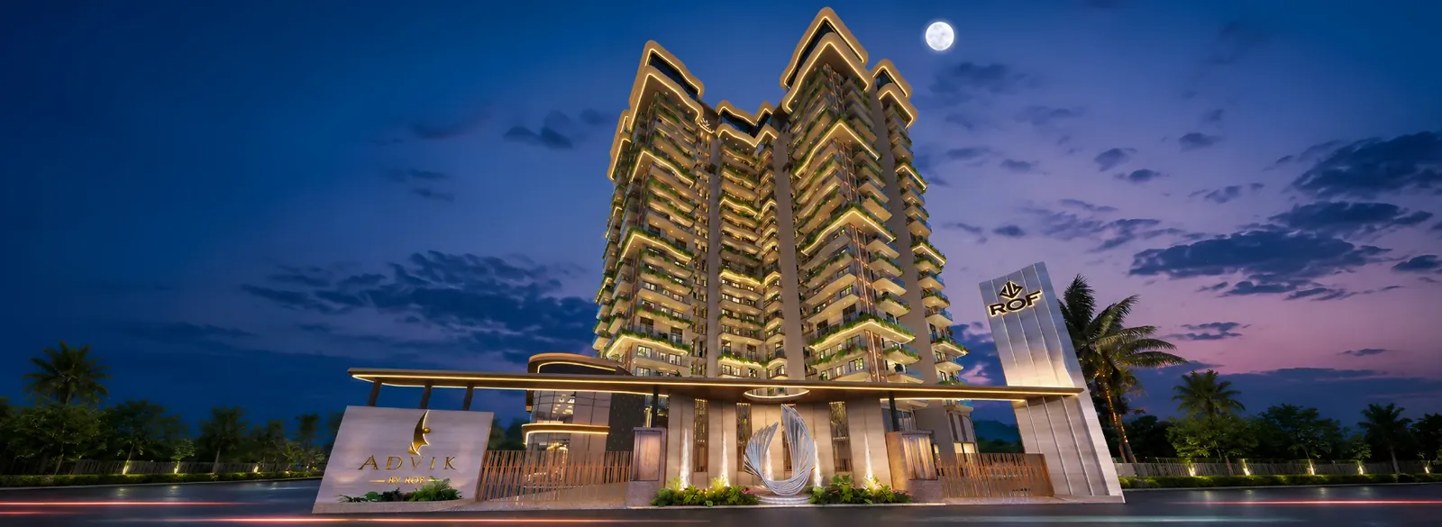 Advik by ROF the towers and entrance at night, artist's impression