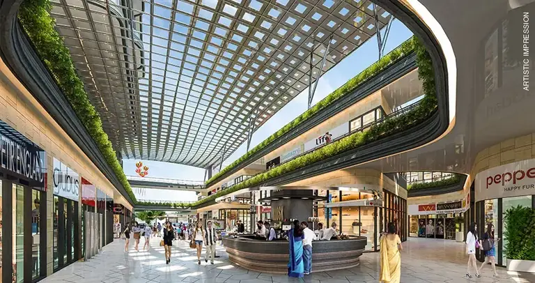 AIPL Joy Square central piazza at ground level with shop fronts, artist's impression