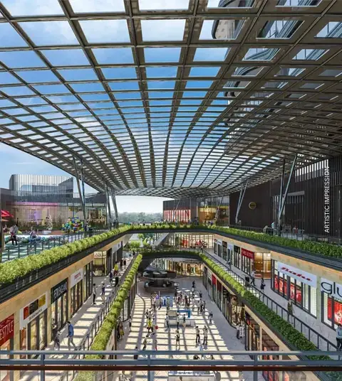 AIPL Joy Square piazza under the steel-and-glass canopy from the second floor, artist's impression