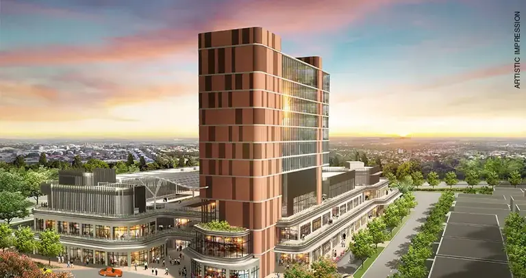 AIPL Joy Square seen from the 84 m sector road at sunset, artist's impression