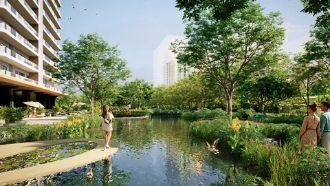 AIPL Riviera central lake with water lilies and lakeside path, artist's impression