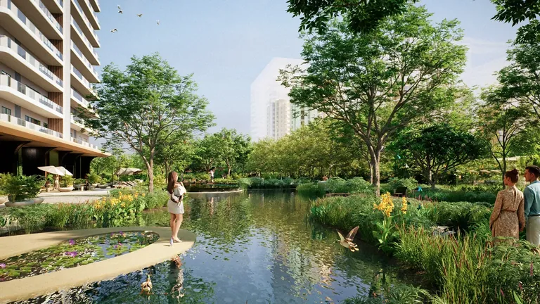 AIPL Riviera central lake with water lilies and lakeside path, artist's impression