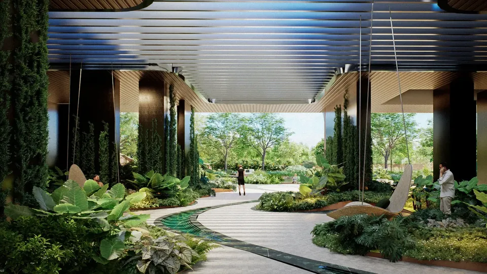 AIPL Riviera covered drop-off opening onto landscaped gardens, artist's impression
