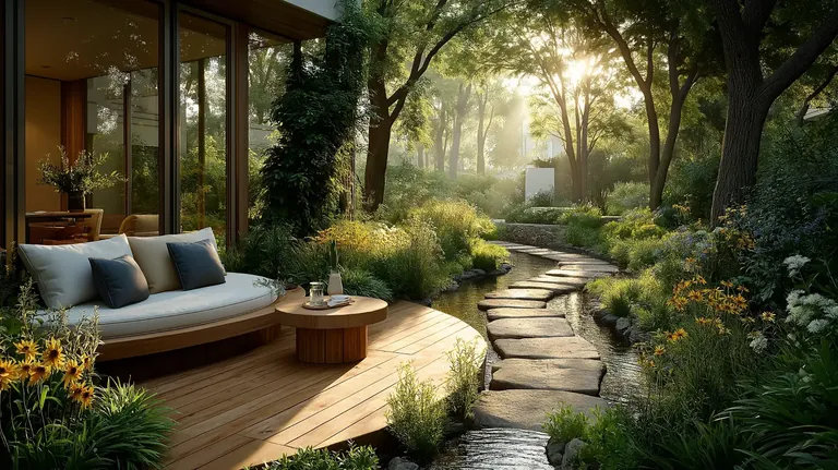 AIPL Riviera timber lounge deck beside a garden stream, artist's impression