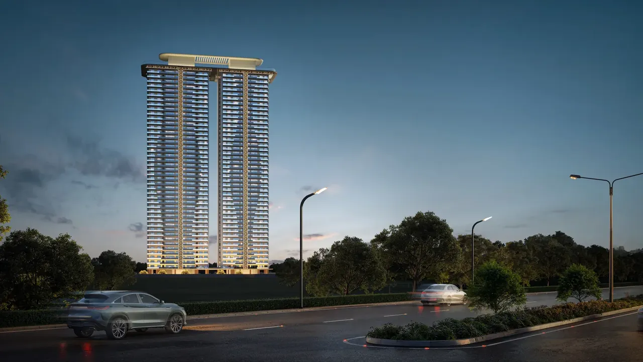 AIPL Riviera towers lit at dusk seen from the tree-lined boulevard, artist's impression