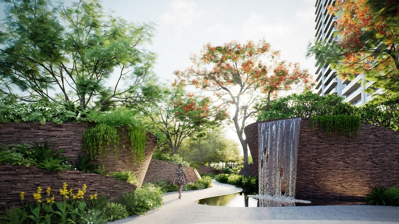 AIPL Riviera water wall and brick planters in the landscaped garden, artist's impression