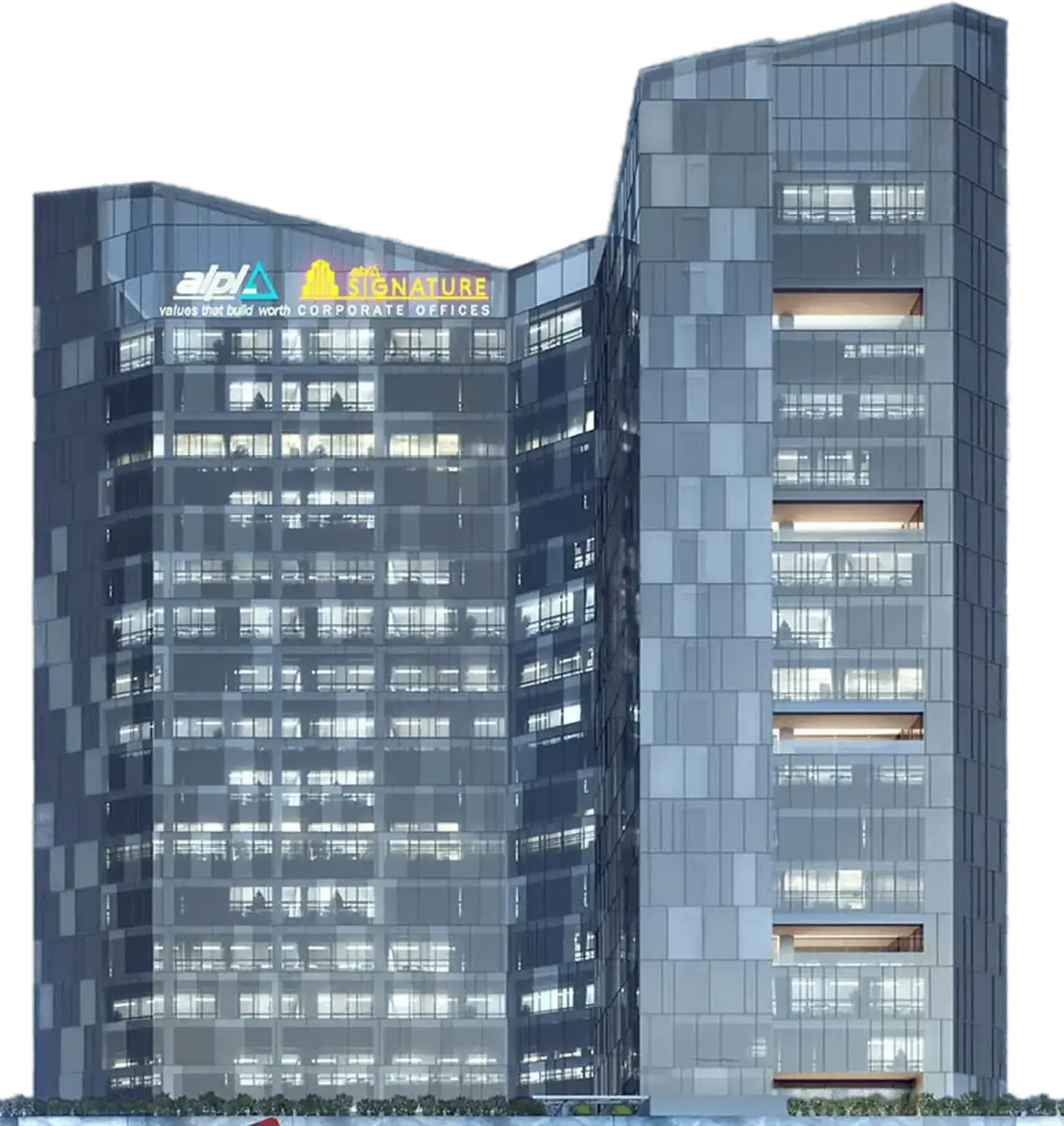 AIPL Signature tower lit at night