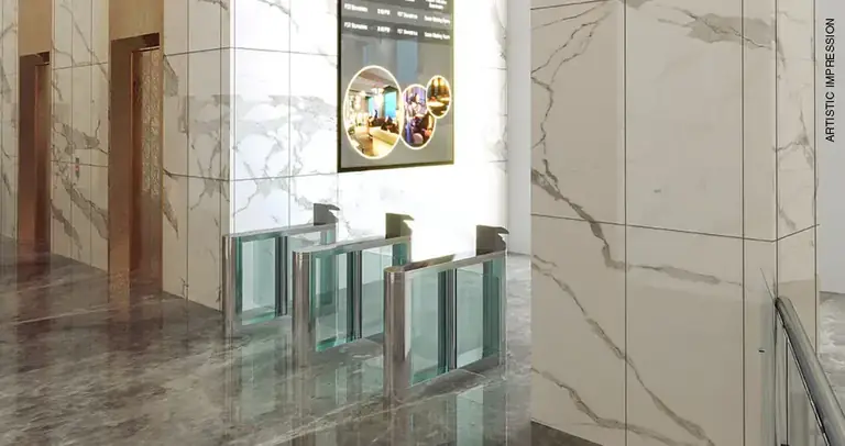AIPL Signature turnstiles and marble wall at the lift lobby, artist's impression
