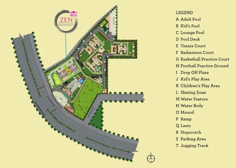 AIPL Zen Residences site plan with pools, courts, lawns and jogging track