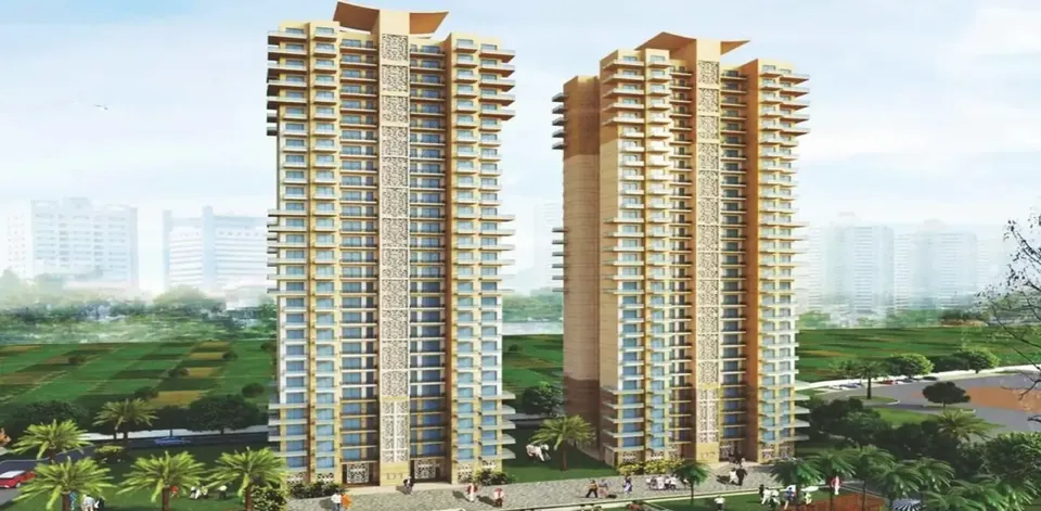 AIPL Zen Residences twin towers above the landscaped podium and lawns, artist's impression