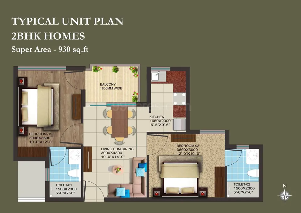 AIPL Zen Residences 2 BHK flat floor plan, 930 sq ft super area