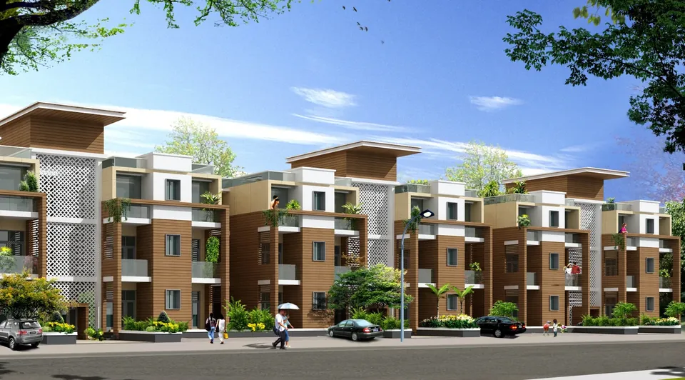 Ansal API Esencia 4 BHK Sovereign builder floors with timber-clad facades along a street, artist's impression